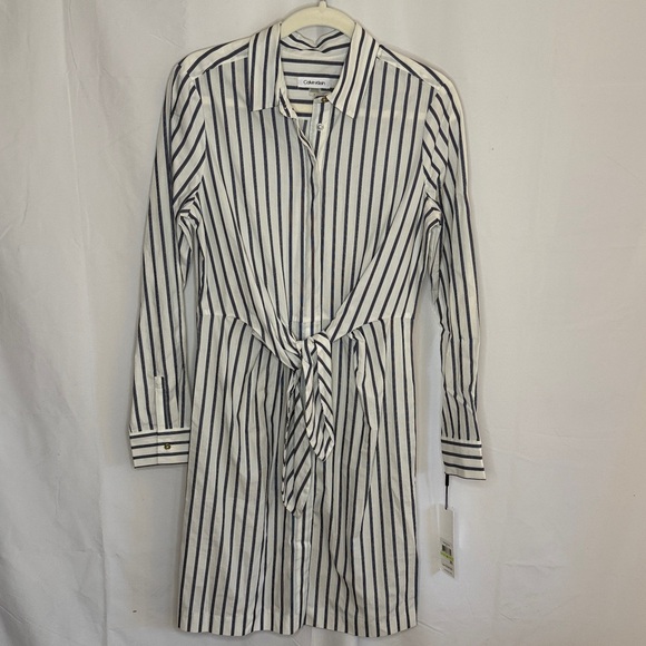 NEW Calvin Klein 100% Cotton Tie Waist Shirt Dress - White Blue Black Stripe  4 - Picture 3 of 13